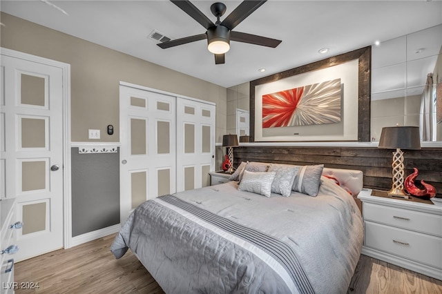 713 Antelope Way, Las Vegas, NV 89145 - bedroom featuring light wood-style flooring, a closet, a ceiling fan, and recessed lighting