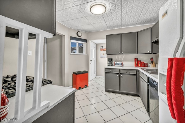 713 Antelope Way, Las Vegas, NV 89145 - kitchen with white refrigerator with ice dispenser, gray cabinets, an ornate ceiling, light countertops, and dishwashing machine