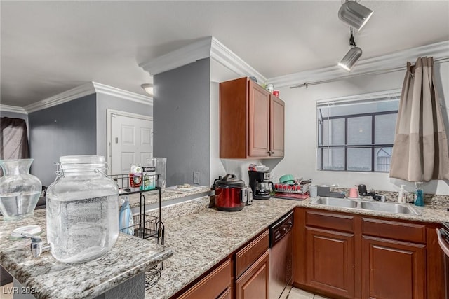 kitchen featuring sink, light stone counters, stainless steel dishwasher, kitchen peninsula, and ornamental molding