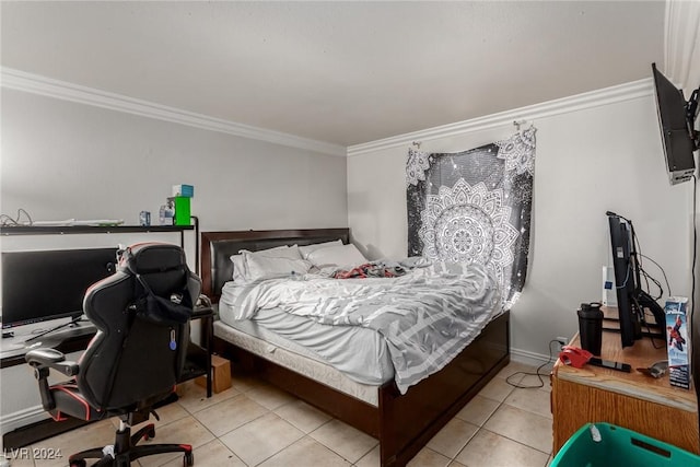 bedroom featuring light tile patterned floors and ornamental molding