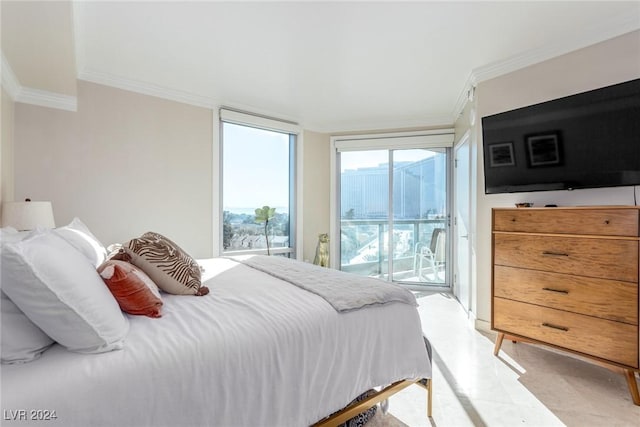 bedroom with access to outside and ornamental molding