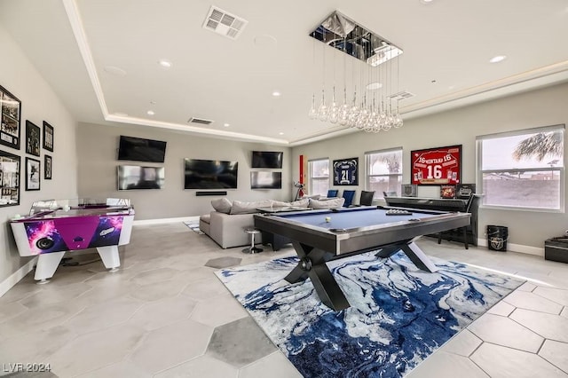 game room with light tile patterned floors, billiards, and a raised ceiling