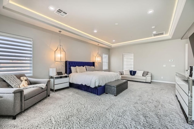 bedroom featuring carpet floors and a tray ceiling