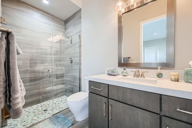 bathroom featuring vanity, toilet, and a shower with door