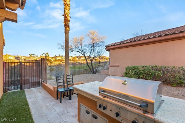 view of patio featuring a fenced backyard, a water view, and area for grilling