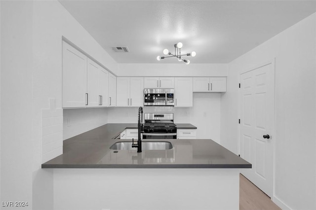 kitchen with kitchen peninsula, sink, appliances with stainless steel finishes, a notable chandelier, and white cabinetry