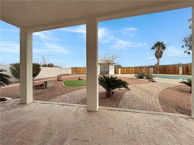 view of patio / terrace featuring a fenced backyard and a fenced in pool