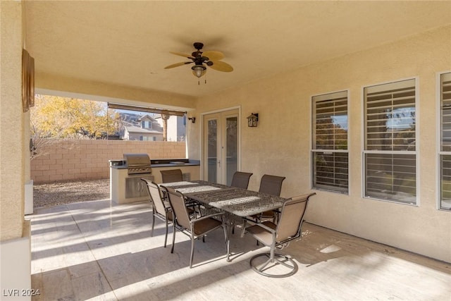 view of patio with french doors, ceiling fan, and a grill