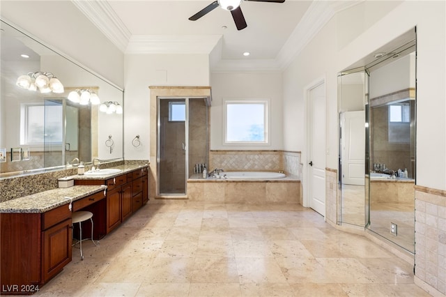 bathroom with plus walk in shower, vanity, ceiling fan, and crown molding