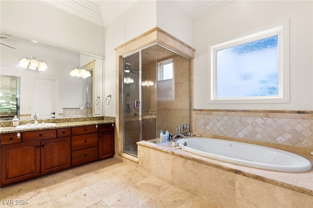 bathroom with vanity, shower with separate bathtub, and crown molding