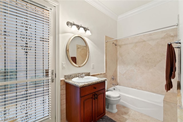 full bathroom featuring vanity, tile patterned floors, toilet, ornamental molding, and shower / bath combination