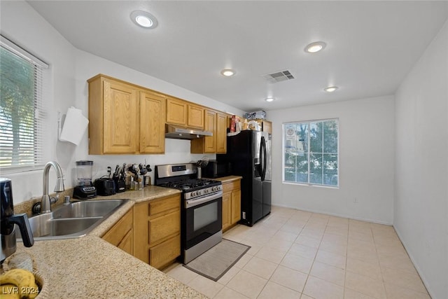 kitchen with gas range, a wealth of natural light, sink, and black fridge