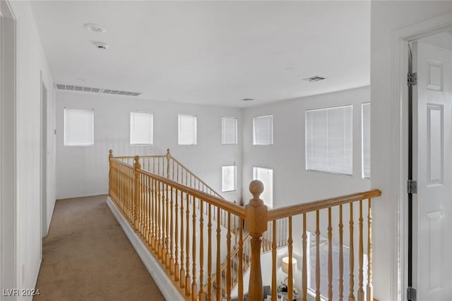 hallway with light colored carpet