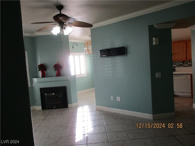 unfurnished living room with ceiling fan, light tile patterned floors, and crown molding