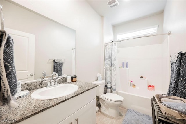 full bathroom featuring vanity, toilet, and shower / bathtub combination with curtain