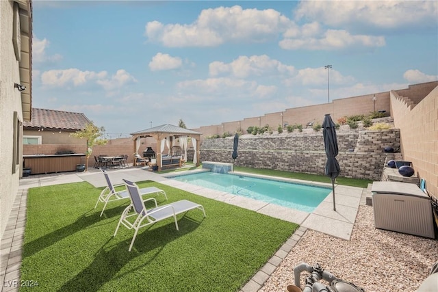 view of swimming pool with a gazebo, a patio area, and a lawn