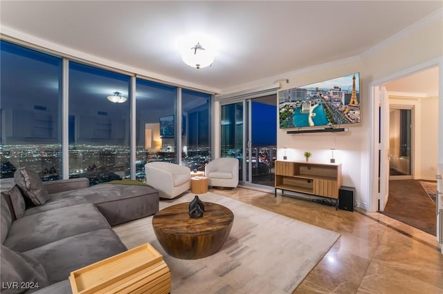 living room featuring a wall of windows, marble finish floor, and ornamental molding