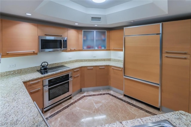 kitchen with a tray ceiling, light stone counters, and stainless steel appliances