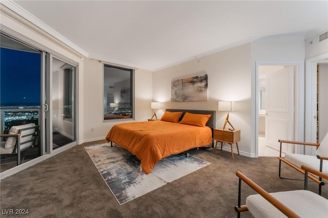 bedroom featuring baseboards, crown molding, and carpet flooring