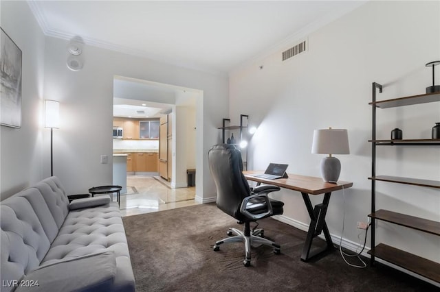 office area with tile patterned flooring and ornamental molding