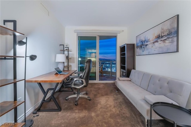 office area featuring dark colored carpet