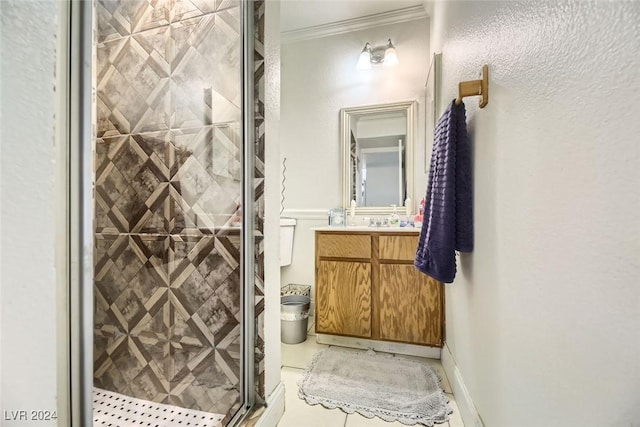 bathroom with tile patterned floors, vanity, crown molding, and walk in shower