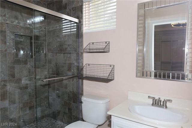 bathroom with vanity, toilet, and walk in shower