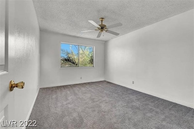 unfurnished room with carpet, a textured ceiling, and ceiling fan