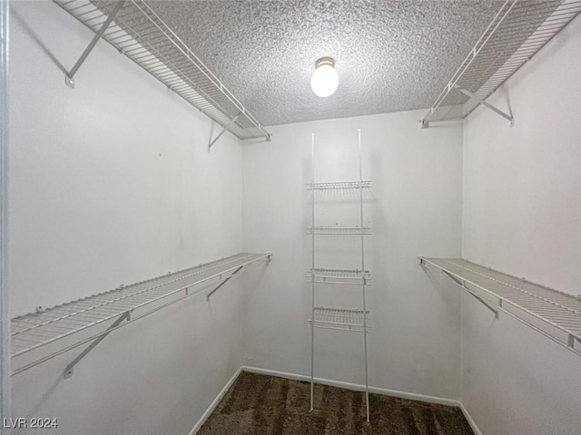 walk in closet featuring dark colored carpet