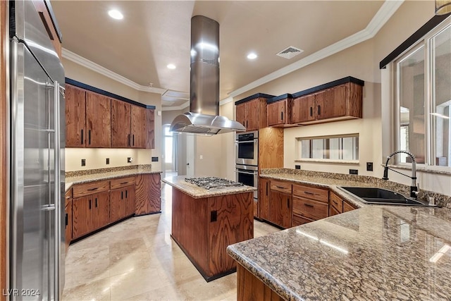 kitchen with sink, a center island, stainless steel appliances, island range hood, and ornamental molding