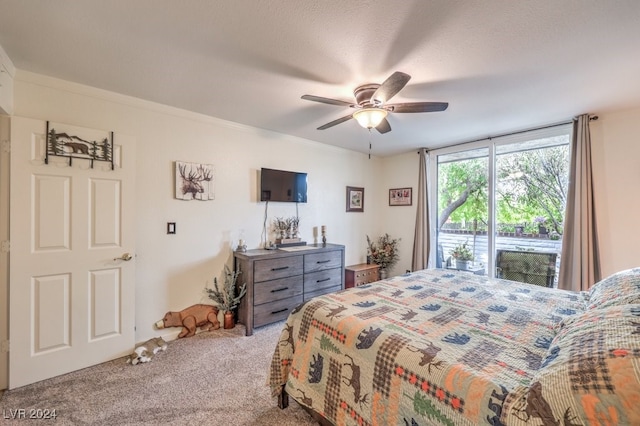 bedroom with carpet, ornamental molding, a textured ceiling, access to outside, and ceiling fan