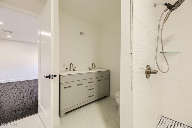 bathroom with toilet, vanity, and tiled shower