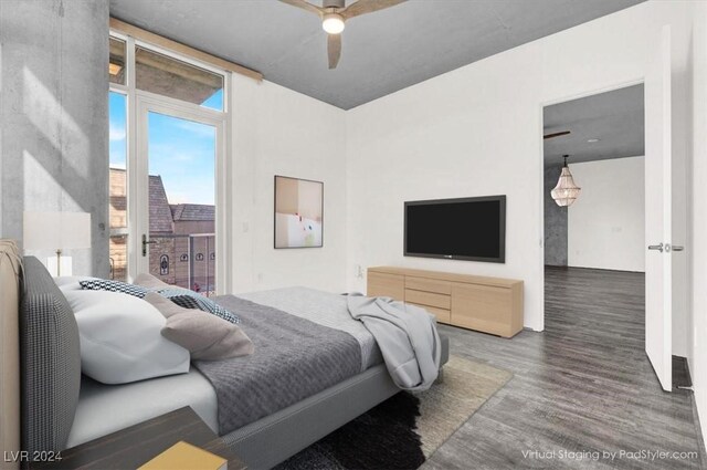 bedroom with access to outside, wood finished floors, and a ceiling fan