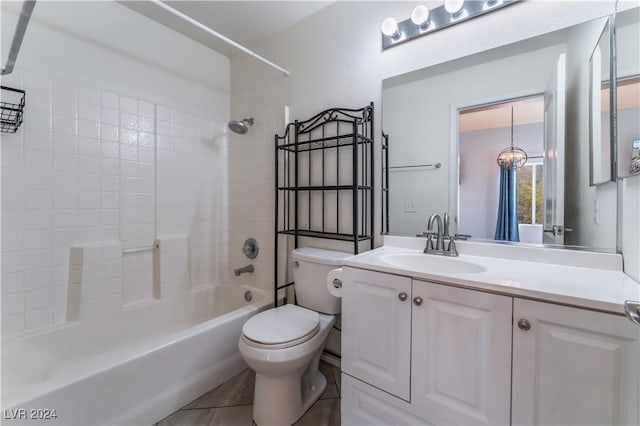 full bathroom featuring an inviting chandelier, tile patterned flooring,  shower combination, toilet, and vanity