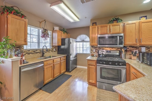 kitchen featuring appliances with stainless steel finishes, light hardwood / wood-style floors, decorative backsplash, and sink