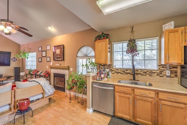 kitchen with sink, backsplash, a healthy amount of sunlight, and dishwasher