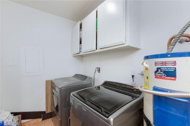 washroom featuring cabinets, independent washer and dryer, electric panel, and water heater