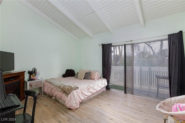 bedroom with wood ceiling, access to exterior, lofted ceiling with beams, and light wood-type flooring