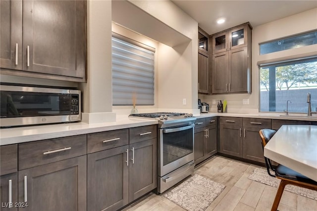 kitchen featuring sink, stainless steel appliances, dark brown cabinets, and light hardwood / wood-style flooring