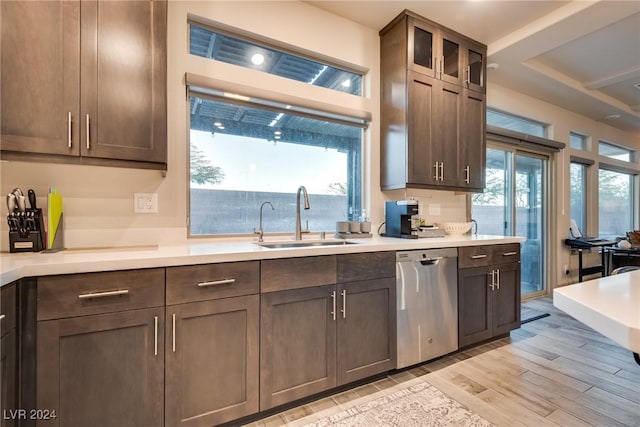 kitchen featuring light hardwood / wood-style flooring, stainless steel dishwasher, a healthy amount of sunlight, and sink