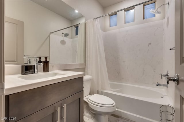 full bathroom with vanity, shower / bathtub combination with curtain, and toilet