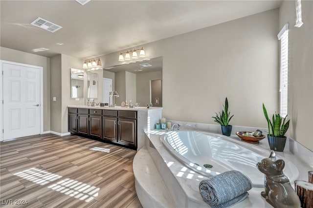 bathroom featuring hardwood / wood-style floors, a washtub, and vanity