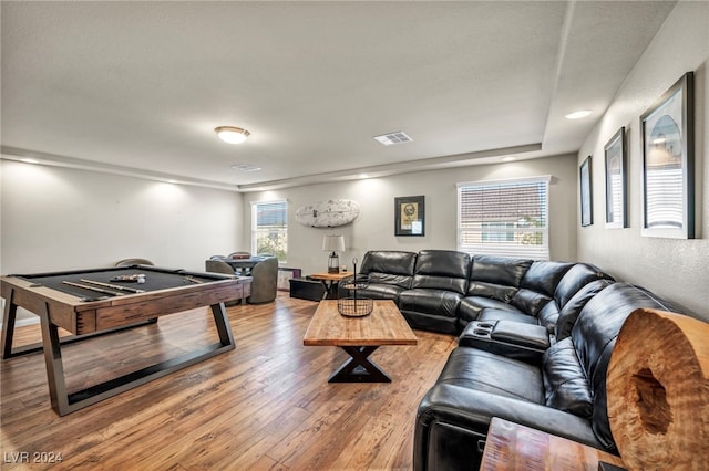 living room featuring pool table and wood-type flooring