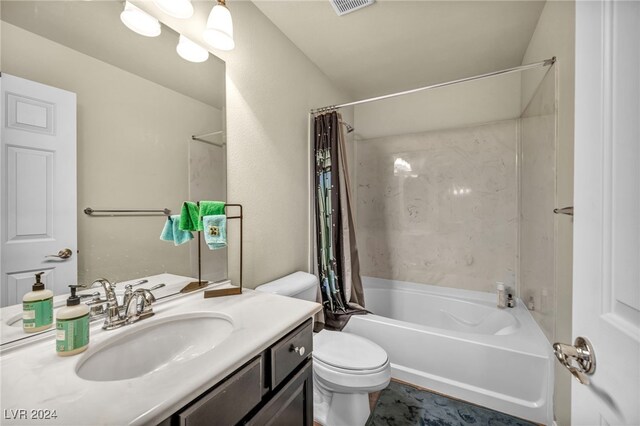 full bathroom with toilet, vanity, and shower / bath combo with shower curtain