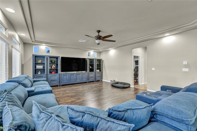 living room with ceiling fan and dark hardwood / wood-style floors