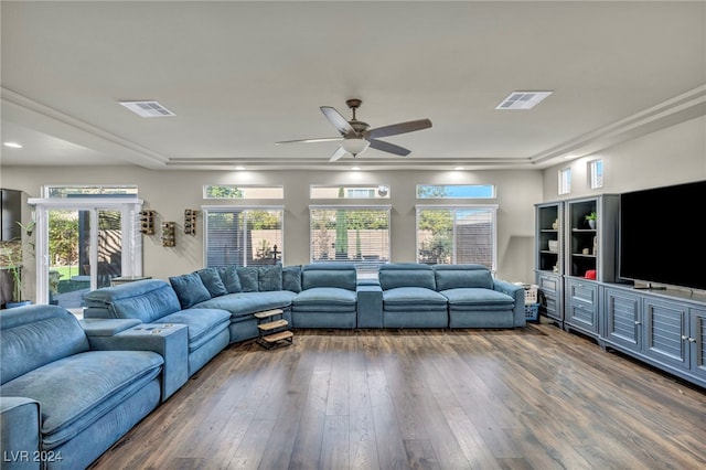 living room featuring french doors, ceiling fan, and dark wood-type flooring