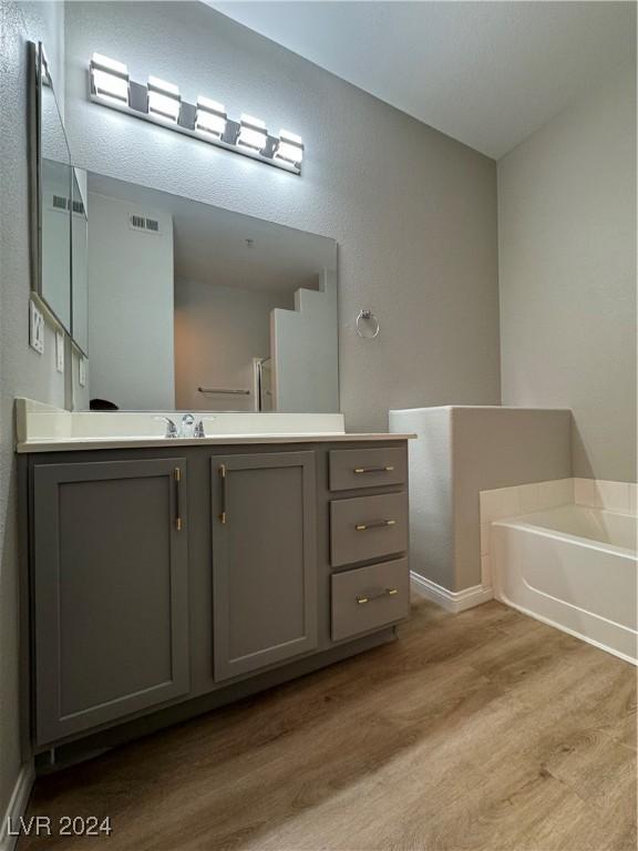 bathroom with a tub, hardwood / wood-style floors, and vanity