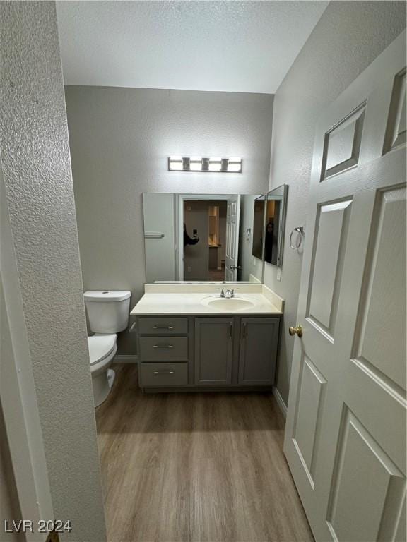 bathroom with hardwood / wood-style floors, vanity, and toilet