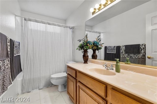 full bathroom featuring vanity, toilet, and shower / bath combo with shower curtain