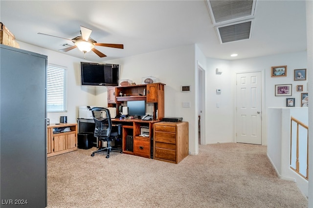 office area with light carpet and ceiling fan